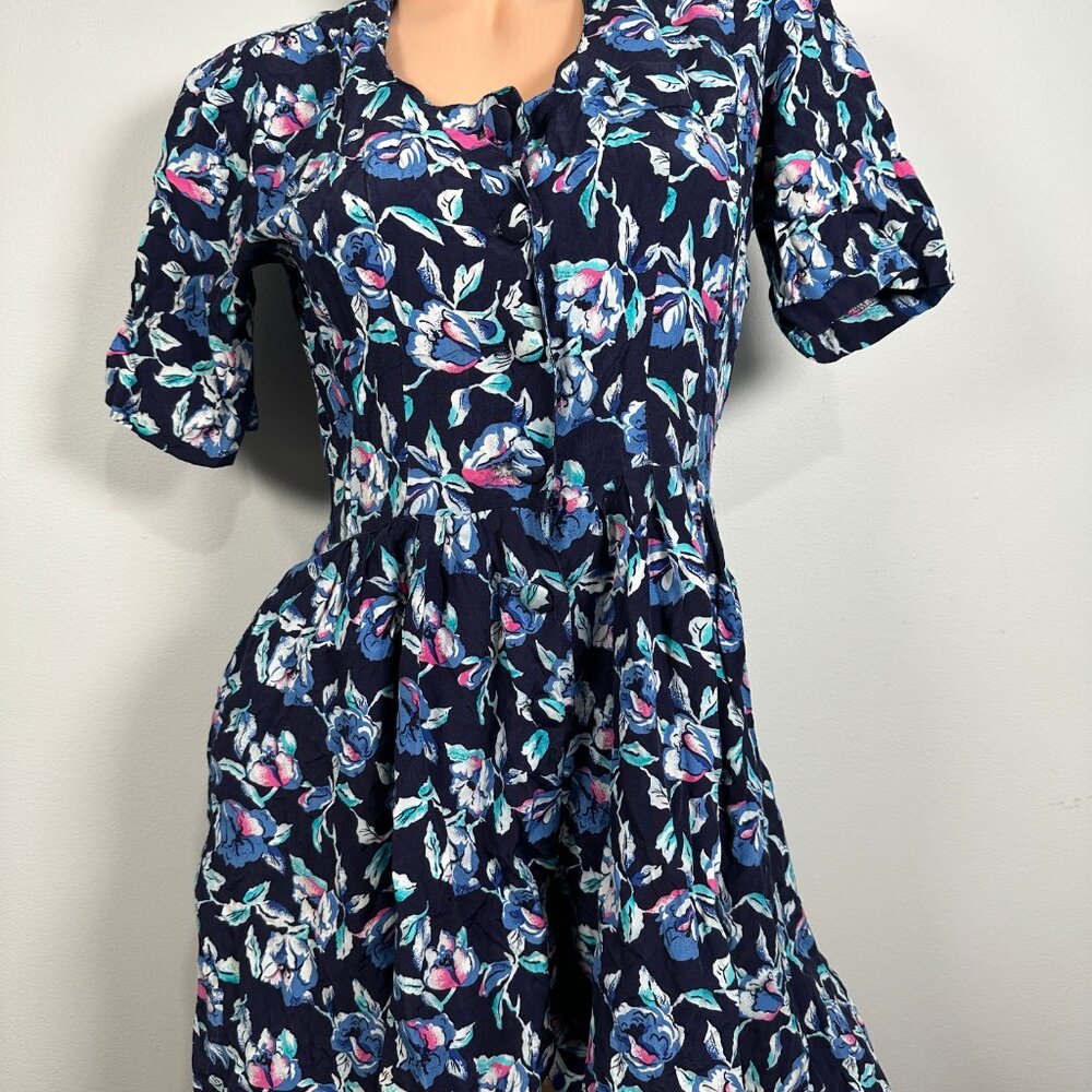 Vintage Dawn Joy Shorts Romper sz 5/6 Floral Button Down Black Blue One Piece